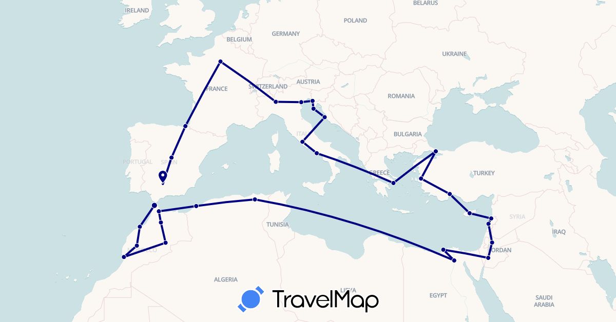 TravelMap itinerary: driving in Cyprus, Algeria, Egypt, Spain, France, Greece, Croatia, Italy, Jordan, Lebanon, Morocco, Slovenia, Turkey (Africa, Asia, Europe)